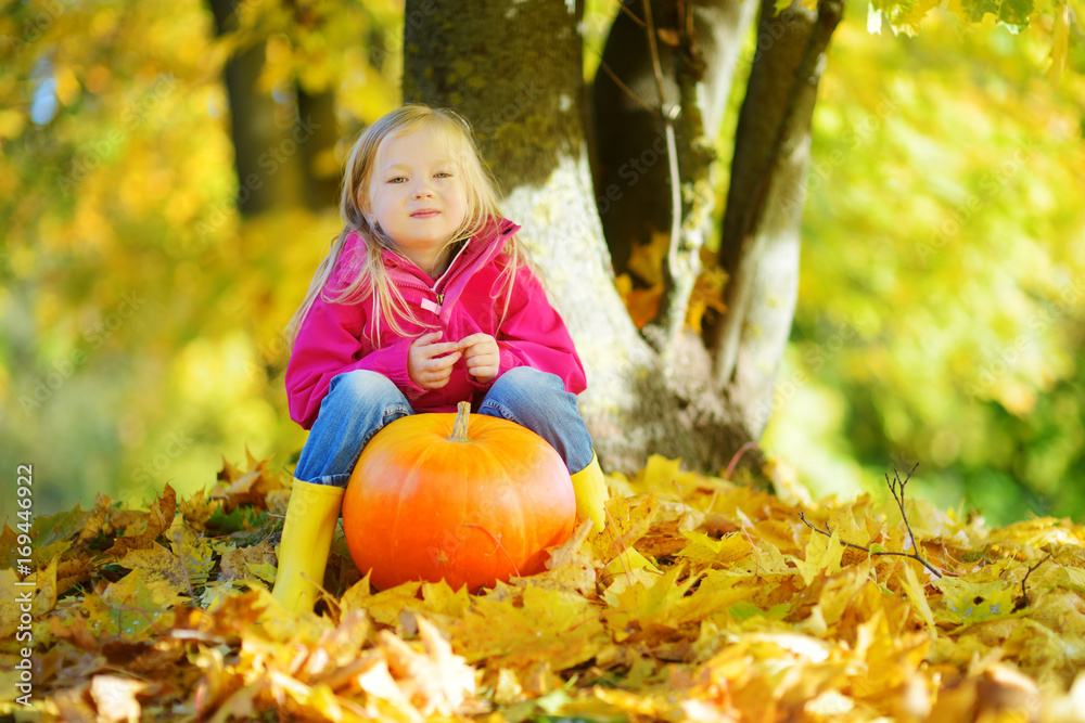 Adorable little girl having fun on a pumpkin patch on beautiful autumn day Adorable little girl having fun on a pumpkin patch on beautiful autumn day