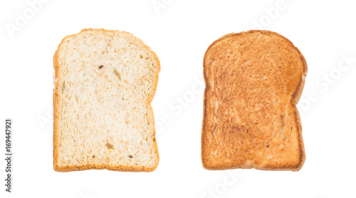Natural grains (barley, buckwheat, corn, flaxseed, millet, rice, rye, sesame, spelt, sunflower, triticale, and wheat) sliced and toasted breads isolated on white background (Clipping paths included)