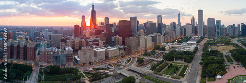 Aerial photo Downtown Chicago at sunset
