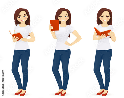 Woman in jeans with book vector illustration