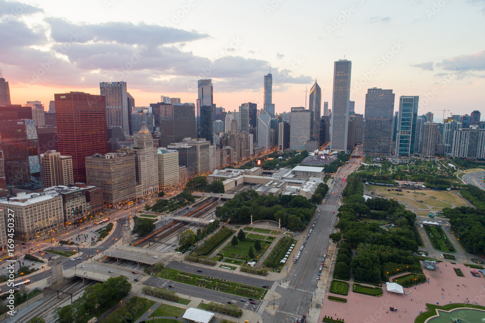 Aerial image Downtown Chicago Millennium Park at sunset