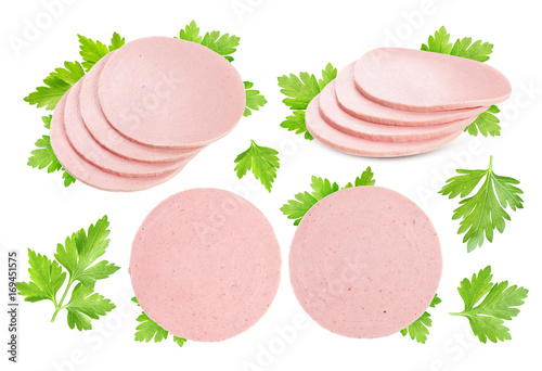 Boiled sausage slices isolated on white background. Collection