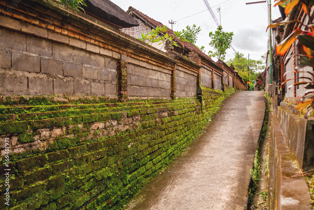 Ancient narrow street with mossy brick walls in Ubud. Bali island, Indonesia.