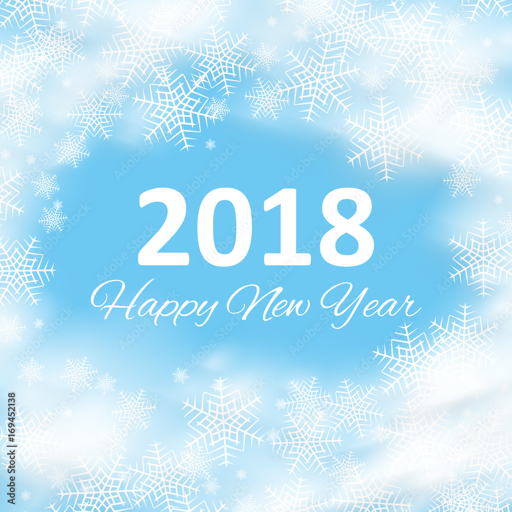 Merry Christmas and New Year 2018 typographical on holidays background with winter landscape with snowflakes, light, stars. Vector. Xmas card