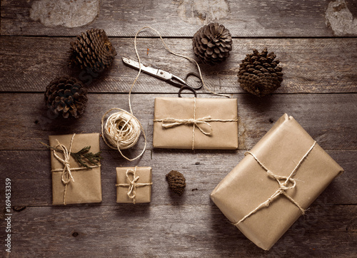 Christmas gift pack with rustic background