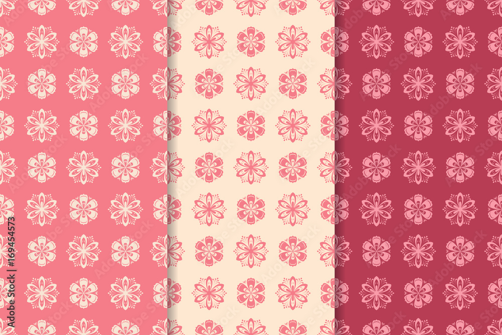Set of red cherry floral seamless patterns