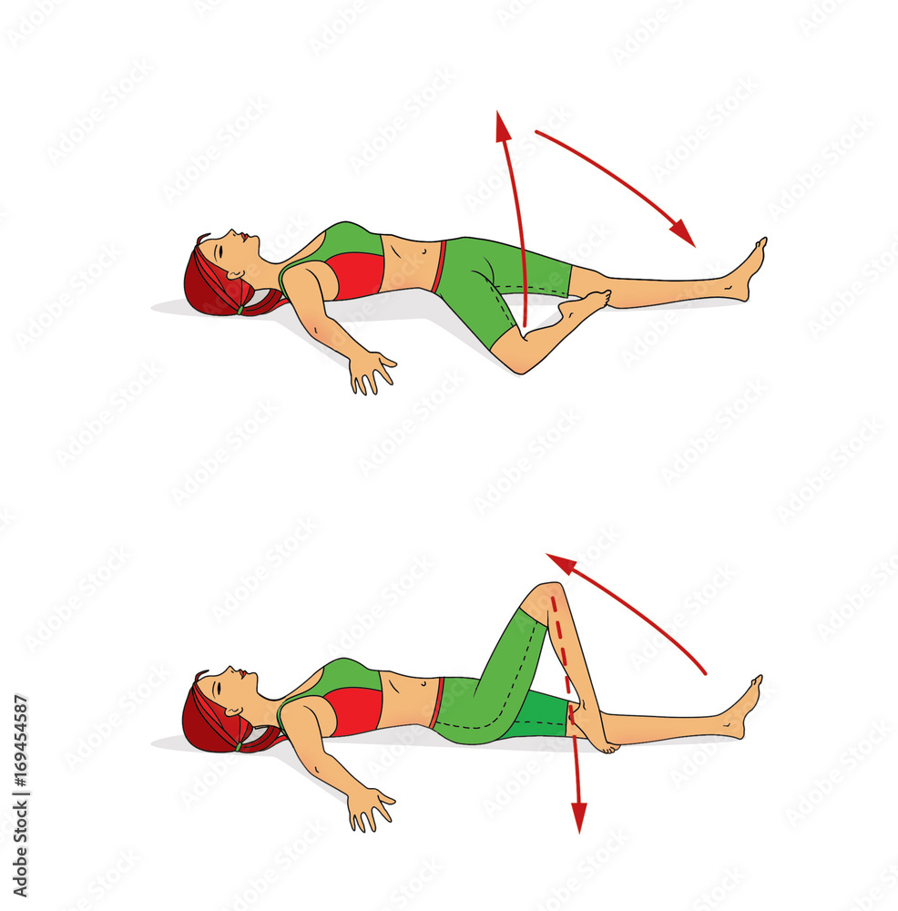 Φωτογραφία The barefoot girl performs the exercise knitting and bringing the knee of the bent leg out of the lying position