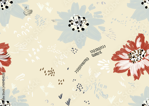 Abstract spring gray and brown flowers and seeds on light yellow