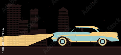 Old car going through the city at night. Flat vector.