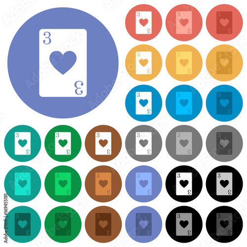Three of hearts card flat color icons with quadrant frames round flat multi colored icons © botond1977