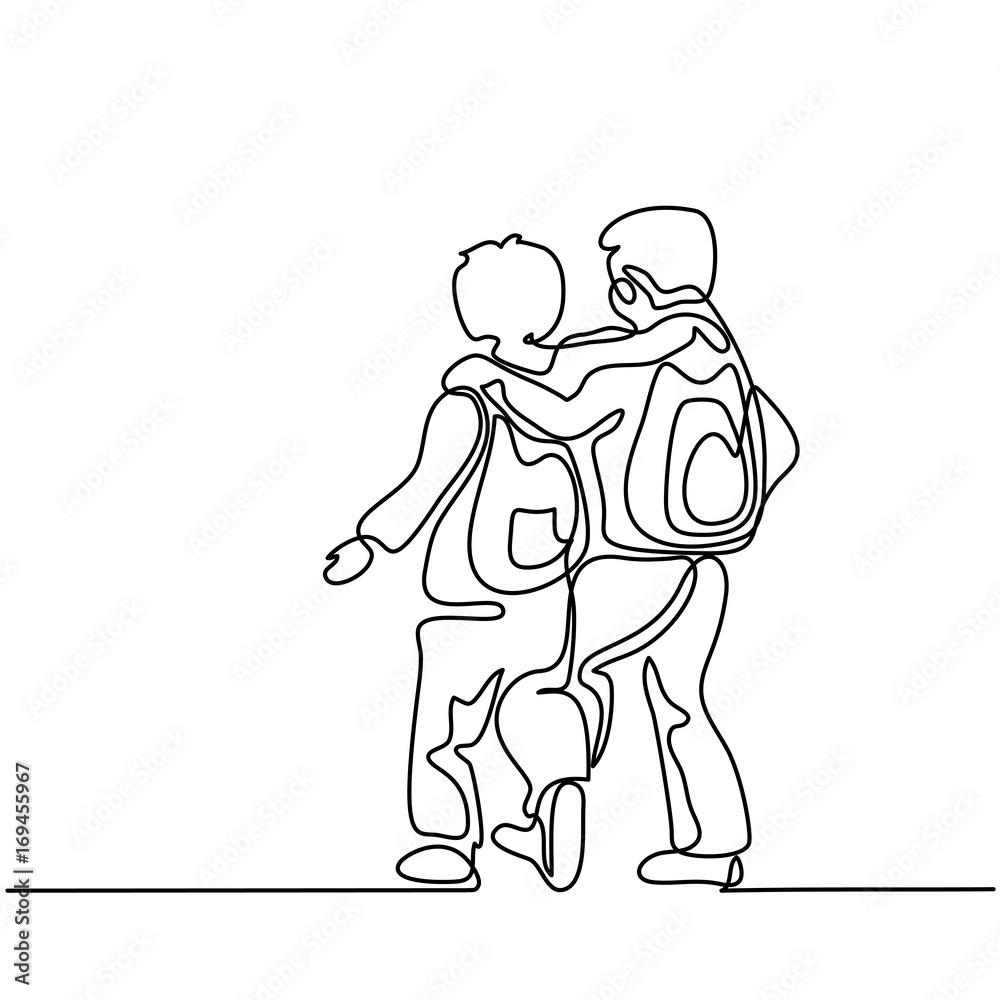 Friends boys going back to school with bags. Continuous line drawing. Vector illustration on white background