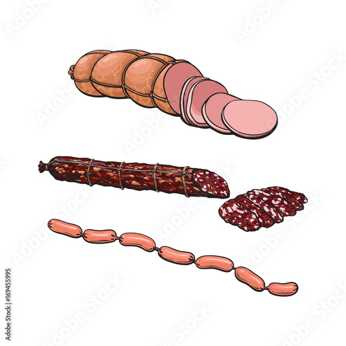 vector sketch chorizo sausage with slices, boiled sausage and sausage chain set. Cartoon isolated illustration on a white background. Sausage and meat types concept