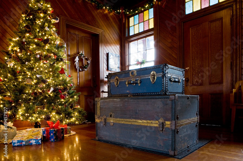 Christmas tree and steamer trunks