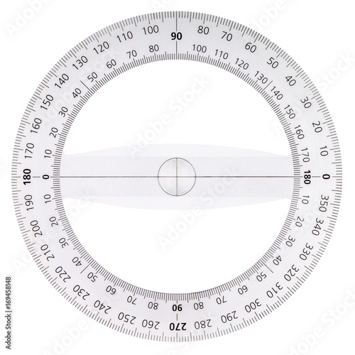 White plastic transparent protractor, isolated on white background photo