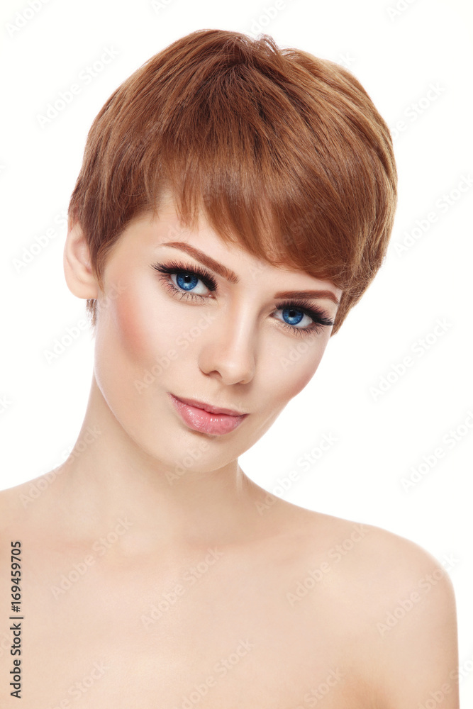 Beautiful woman with stylish short haircut and fresh make-up over white background, copy space Beautiful woman with stylish short haircut and fresh make-up over white background, copy space
