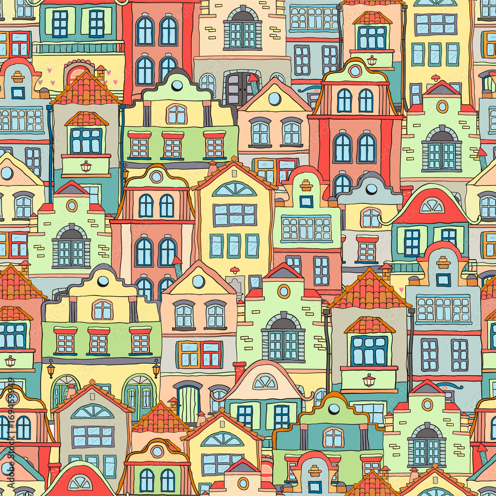 Seamless pattern with doodles colored scandinavian houses . Vector background .