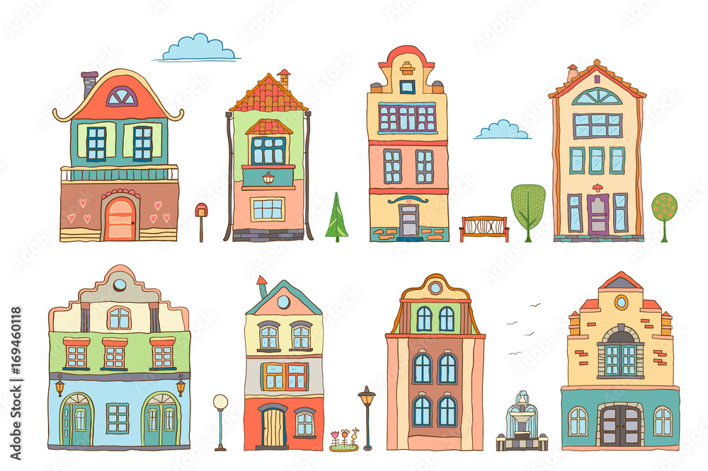 Set of colored scandinavian  houses . Vector doodles