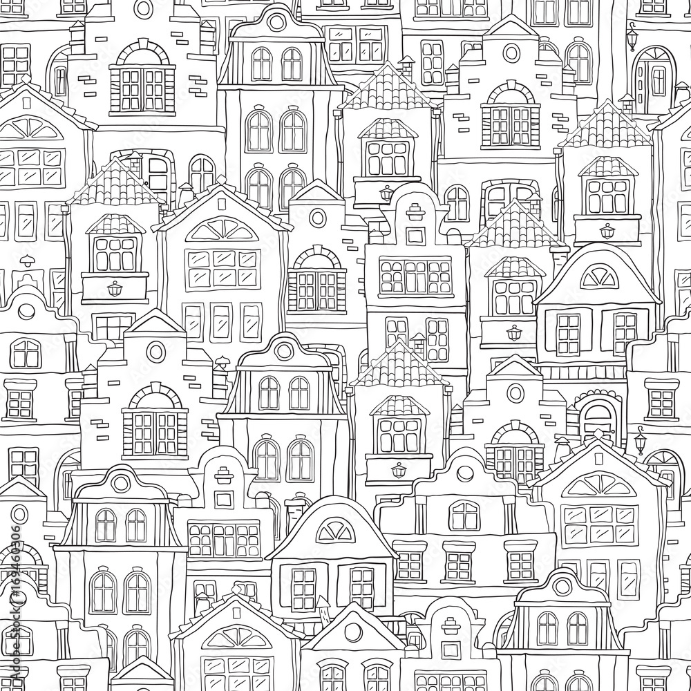 Seamless black contour pattern with houses . Vector doodles