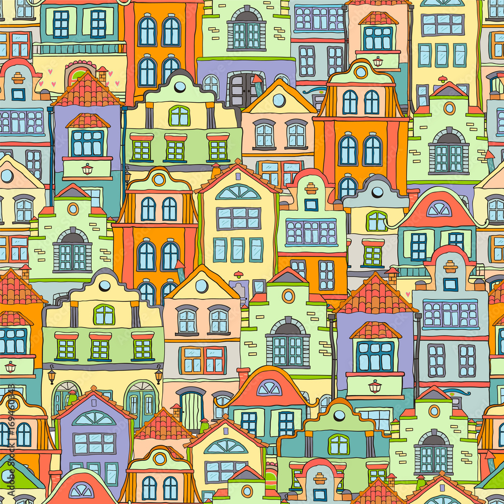 Seamless pattern with doodles colored scandinavian houses . Vector colored background .
