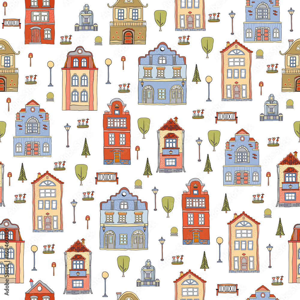 Seamless pattern with small town houses . Vector cute decorative background .