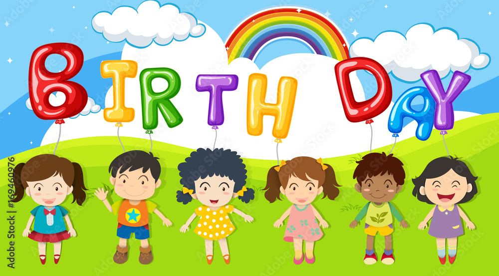 Children and balloons word birthday in the park Children and balloons word birthday in the park