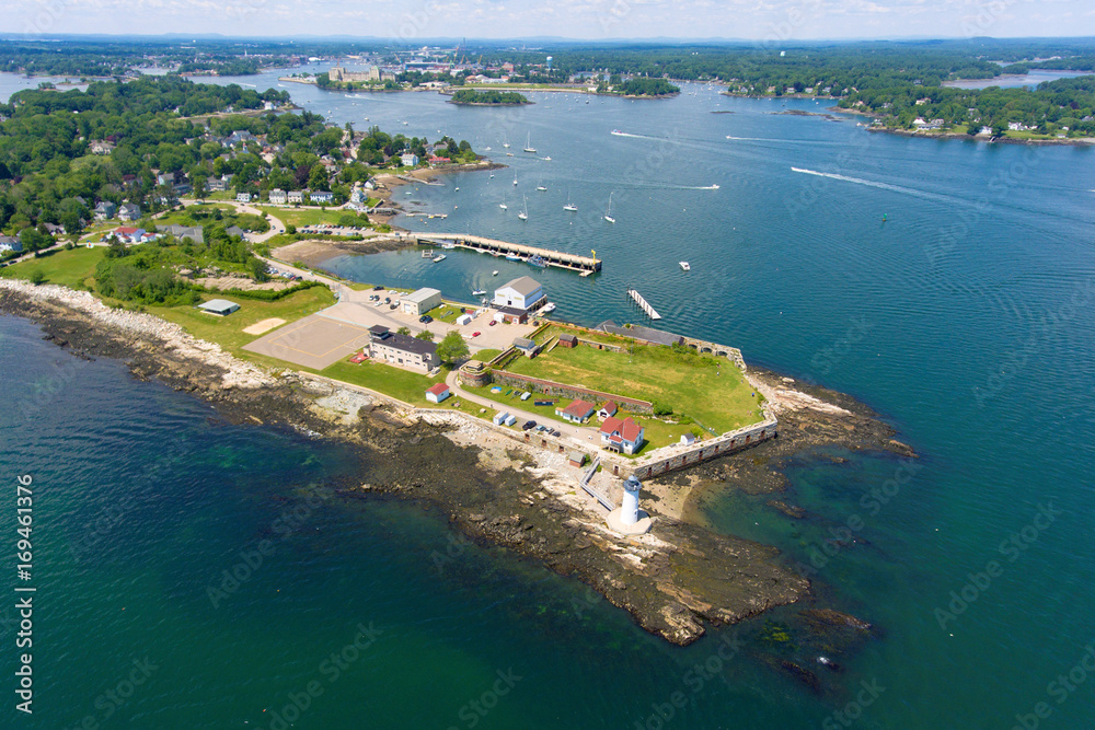 Portsmouth Harbor Lighthouse and Fort Constitution State Historic Site aerial view in summer, New Castle, New Hampshire, USA.