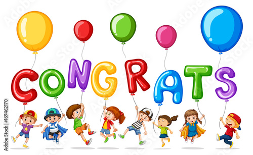 Many children with balloon word congrats