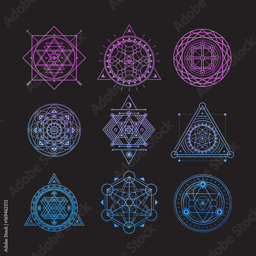 Set of bright vector sacred symbols on black background