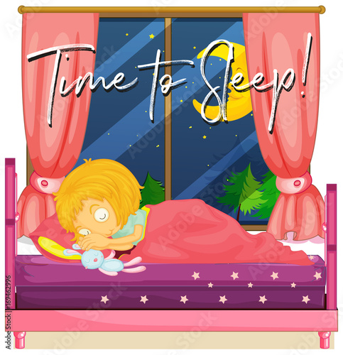 Girl in bed with phrase time to sleep