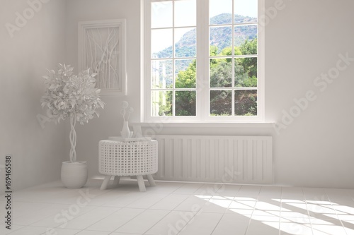 White empty room with summer landscape in window. Scandinavian interior design. 3D illustration