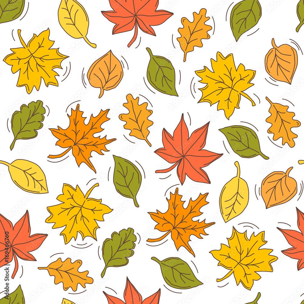 Seamless pattern with funny falling leaves. Vector illustration.