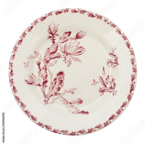France. Brocante, Assiette en porcelaine opaque de Gien, décor floral modèle cactus rose, fin 19ème