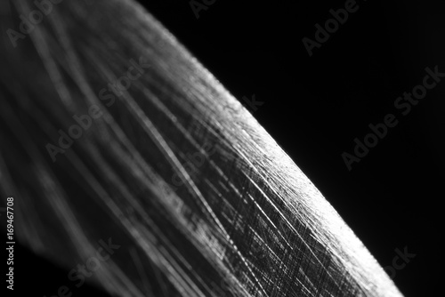 Fototapete Macro blade of a knife with scratches on a black background, soft focus