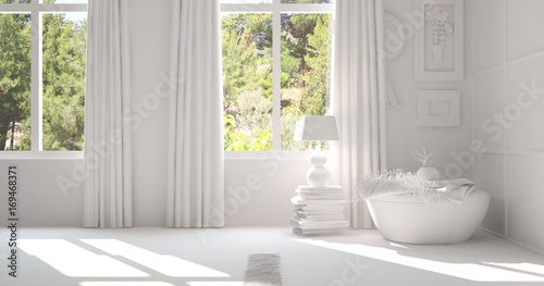 White empty room with summer landscape in window. Scandinavian interior design. 3D illustration