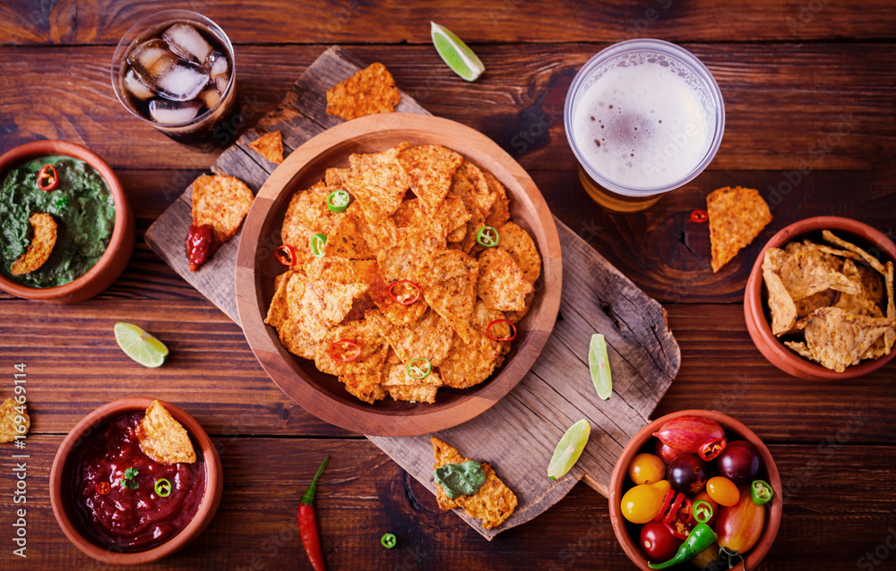 Nachos With Guacamole And Chili Sauce Nachos With Guacamole And Chili Sauce