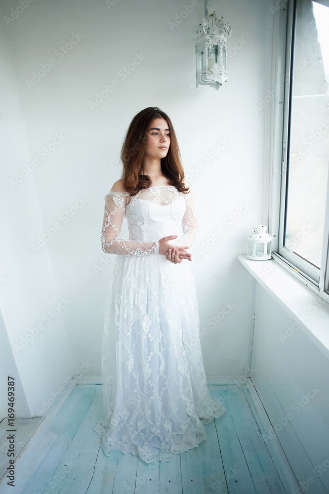 The bride on a white background in a white lace dress. Beautiful natural beauty. Light makeup and loose hair. Natural. The bride on a white background in a white lace dress. Beautiful natural beauty. Light makeup and loose hair. Natural.