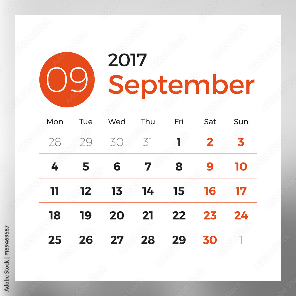 Calendar planner template for September 2017. Week starts on Monday ...