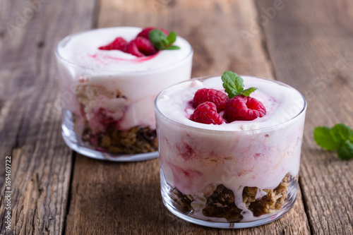 Raspberry trifle, eton mess style granola dessert