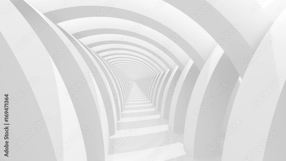 Futuristic empty white corridor, with glossy floor, abstract semicircle columns, and bright sunlight. Smooth camera motion forward, seamless looping animation. 3D Rendering. Futuristic empty white corridor, with glossy floor, abstract semicircle columns, and bright sunlight. Smooth camera motion forward, seamless looping animation. 3D Rendering.