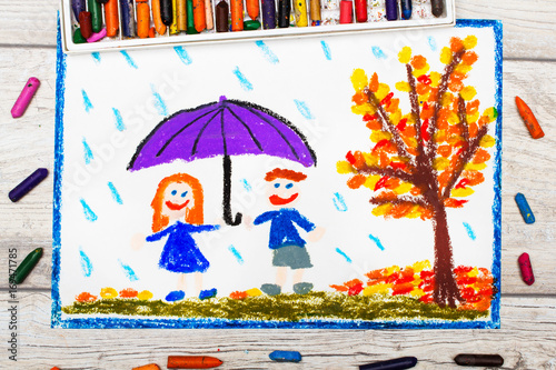 Photo of colorful drawing: Autumn rain, Smiling couple holding umbrella