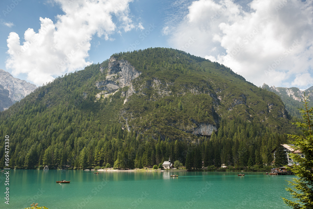 lago di Braies or Pragser Wildsee beautiful lake in Italy