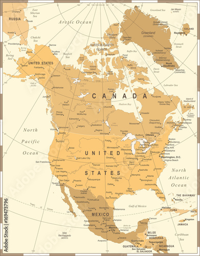 North America Map - Vintage Vector Illustration