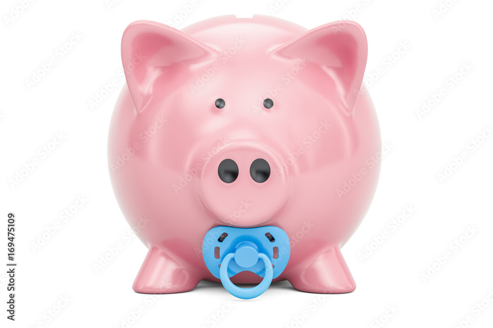 Piggy bank with pacifier, baby fund concept. 3D rendering