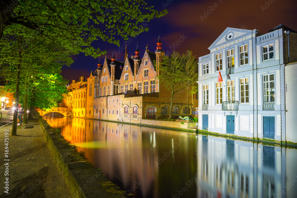Night view of Bruges city, Belgium, traditional belgium architecture