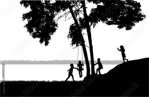 Children silhouette in nature .