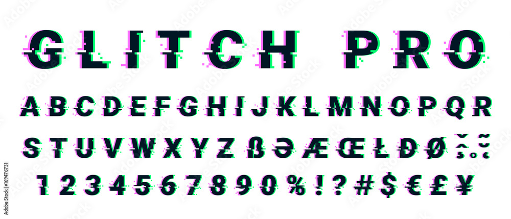 Glitch distorted font letter set with broken pixel effect - obrazy, fototapety, plakaty 
