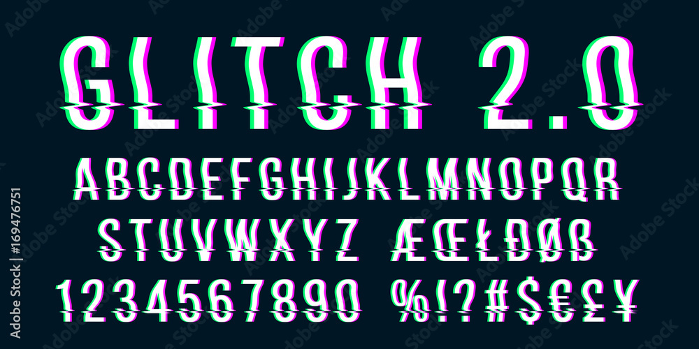Glitch distorted font letter set with broken pixel effect