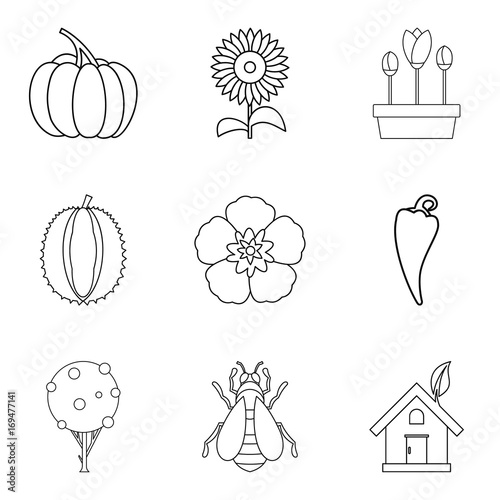 Sunflower icons set, outline style