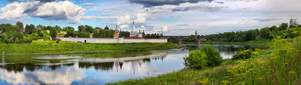 Panorama of the orthodox monastery on the river bank