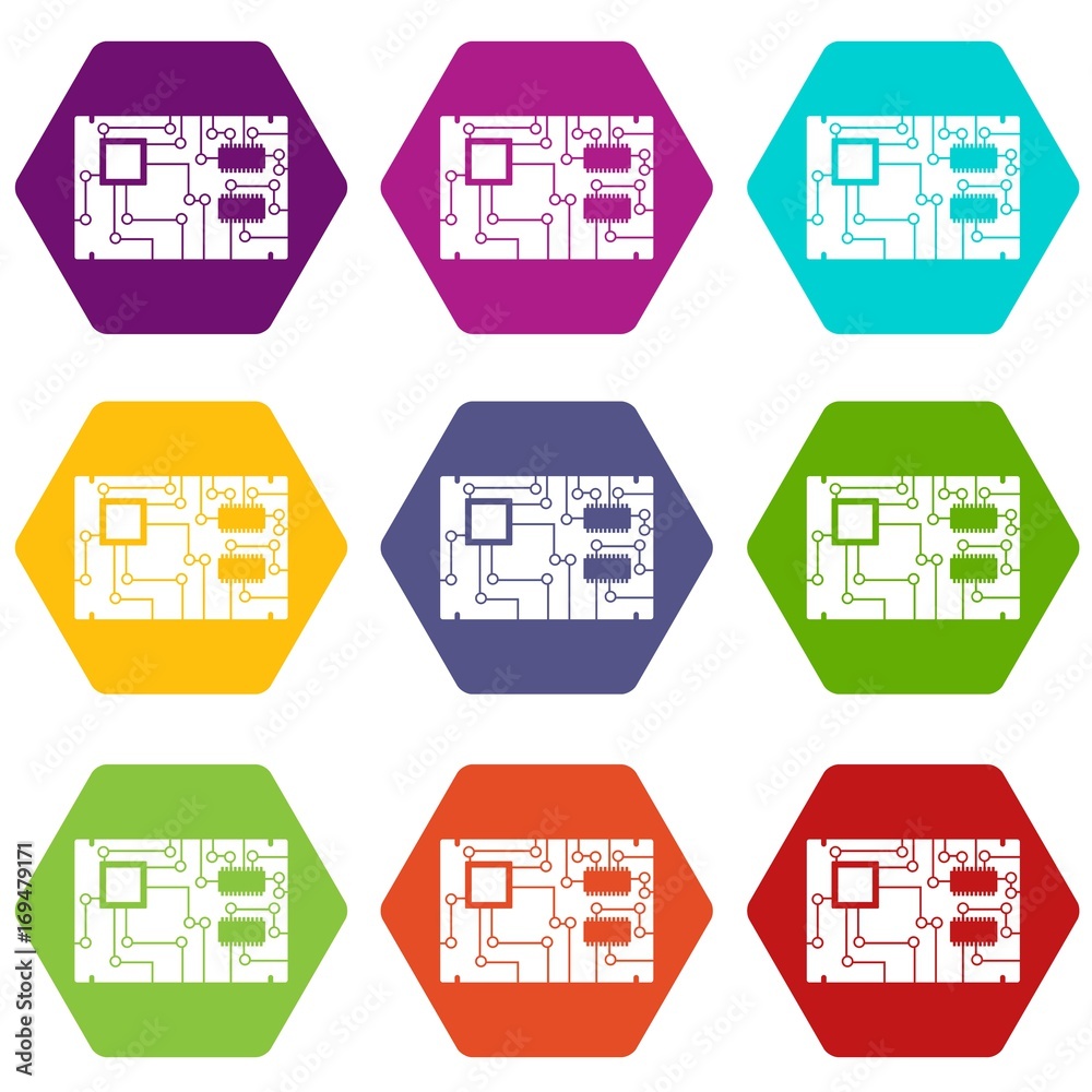 Electronic board icon set color hexahedron